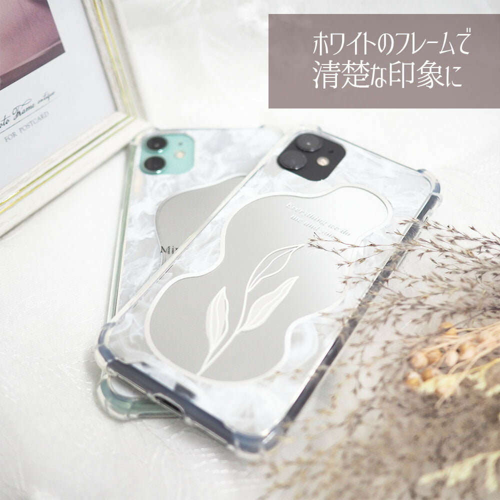 【送料無料】iPhone11/11Pro/12/13対応 スマホケース ミラー付き 花柄 リーフデザイン 韓国 おしゃれ 大人かわいい 鏡面 背面ケース インスタ映え
